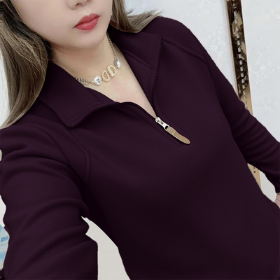 德绒拉链长袖t恤女秋冬新款韩版时尚洋气休闲显瘦保暖打底上衣服