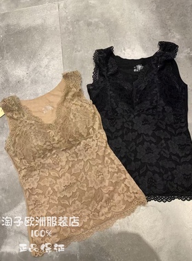 意大利品牌senza正品时尚蕾丝料含胸垫弹力修身背心上衣2025秋冬