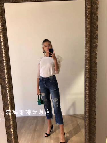 特价意大利品牌Dixie正品拼接色撕破感设计休闲牛仔裤春夏女现货