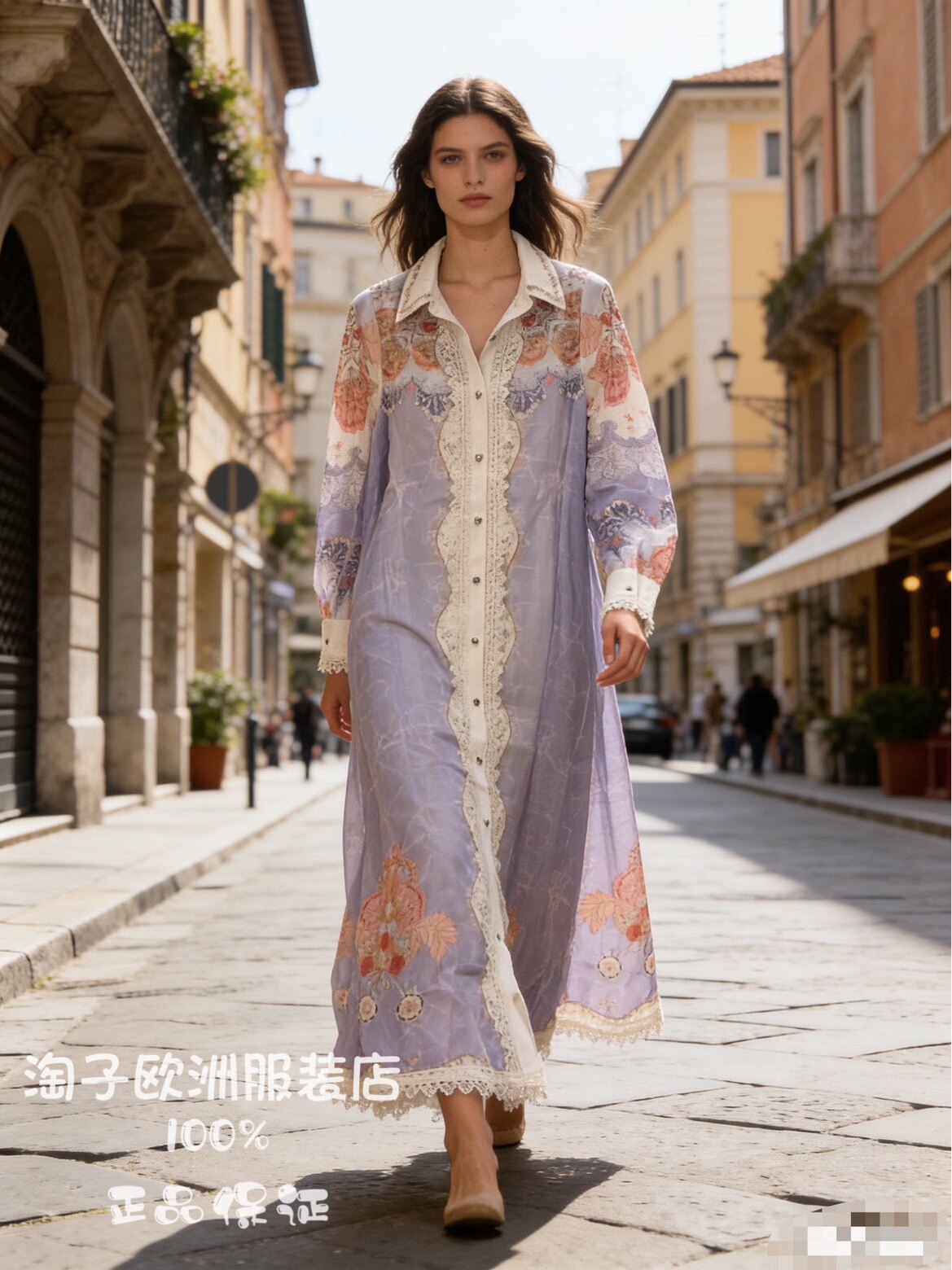 意大利品牌michelle正品花边装饰复古印花系扣长袖连衣裙2026春夏