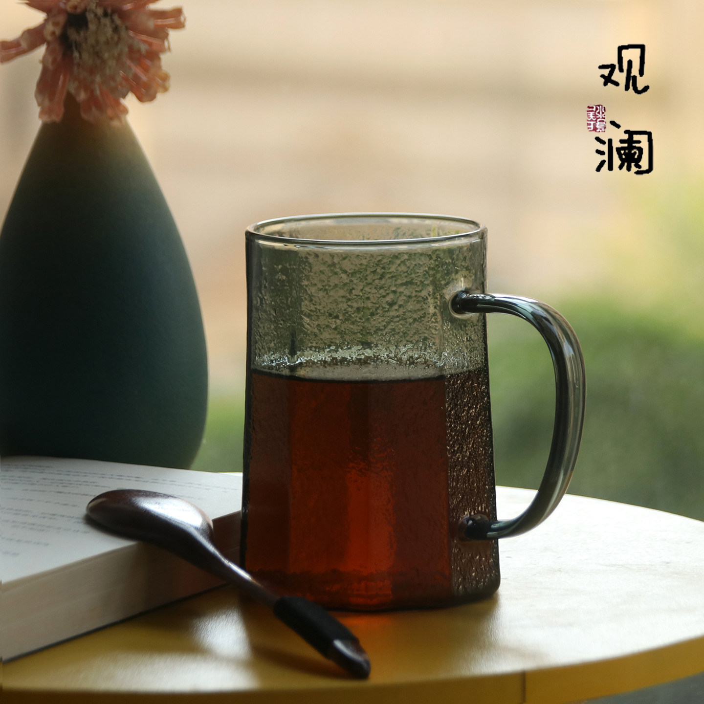 墨色大容量玻璃杯耐高温可加热带把茶杯男女居家办公专用喝水杯子