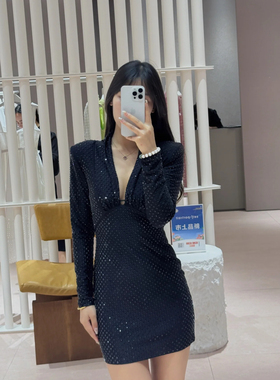 SP原2024秋冬新款黑色重工烫钻气质性感显瘦包臀连衣裙女礼服裙子
