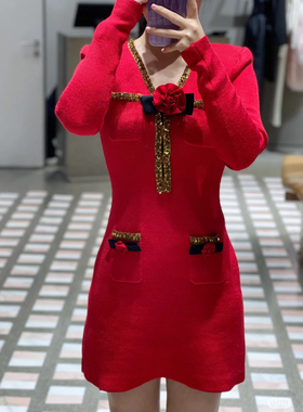 SP原2025早春新款小香风红色玫瑰花朵钉珠针织连衣裙短裙新年结婚