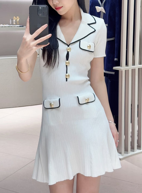 SP纯原2025春夏新款小香风白色西装领短袖针织连衣裙收腰显瘦气质