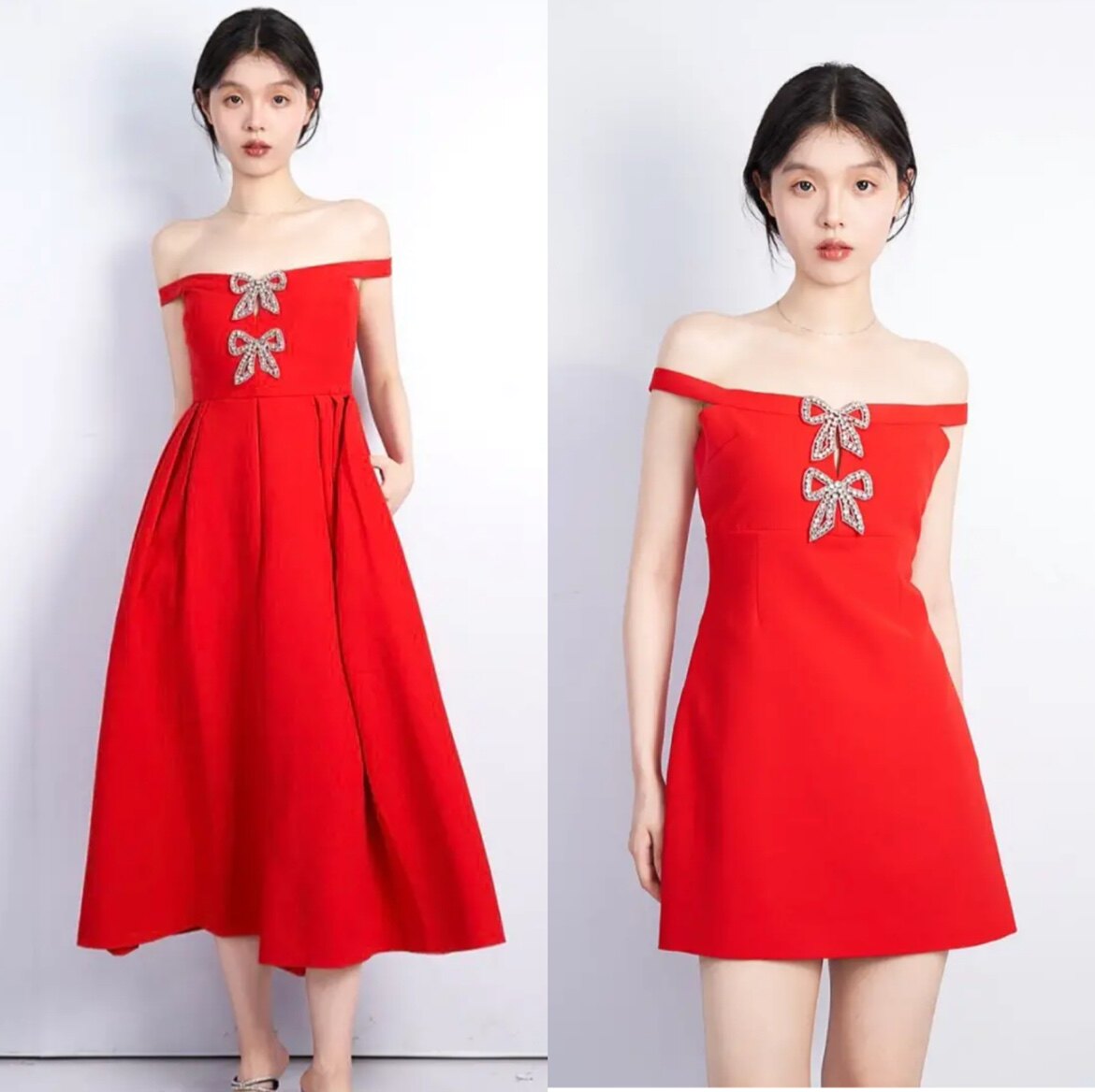 sp通勤复古正红色一字领镶钻蝴蝶结连衣裙礼服婚宴大牌轻奢秋新款