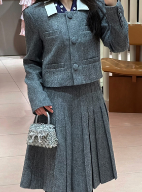 SP纯原2025秋冬新款灰色人字纹短款外套百褶半裙小香风学院风套装