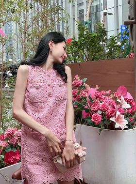 SP原2024春夏粉红色小香风A字无袖蕾丝连衣裙短裙少女温柔甜美风