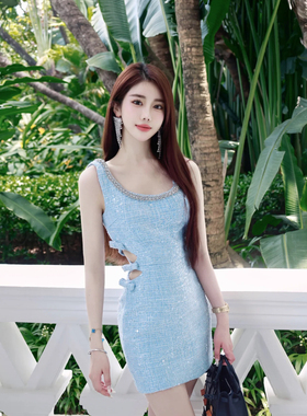 SP原2024春夏蓝色亮片钻饰粗花呢蝴蝶结露腰吊带连衣裙短裙小香风