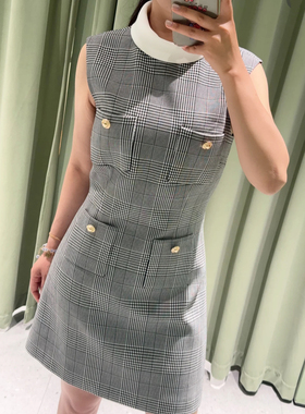 SP纯原2025春夏新款通勤复古无袖灰色格子背心连衣裙女短款小香风