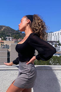 上衣 露腰软糯方领长袖 欧根纱拼接衣袖