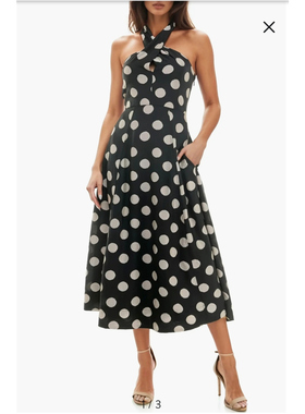 美国socialite 按扣开合挂脖领设计 带口袋复古波点全内衬连衣裙