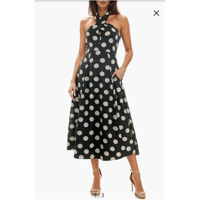 美国socialite 按扣开合挂脖领设计 带口袋复古波点全内衬连衣裙