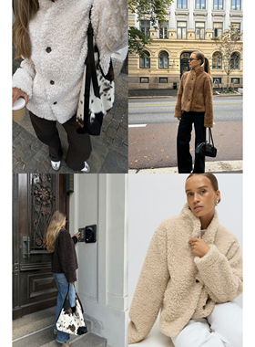 ginatricot 重工质感保暖羊羔绒 显高宽松clean风格系扣外套