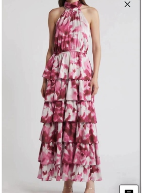 美国socialite 重工艺术品 质感六层裙摆无袖挂脖及地长裙168美金