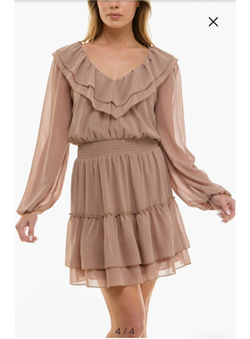 美国socialite 梦幻轻盈雪纺 分层褶皱长袖V领连衣裙