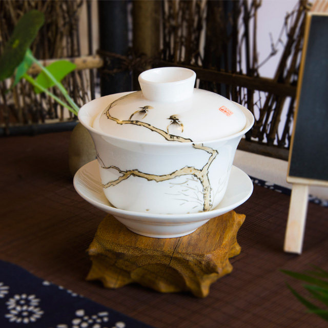 【手工定制】教师礼品骨质瓷三才盖碗茶杯拜师敬茶中式茶杯礼盒装