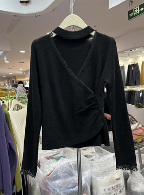 LAIKX韩版设计感不对称V领针织衫女灰色修身打底衫蕾丝拼接上衣女