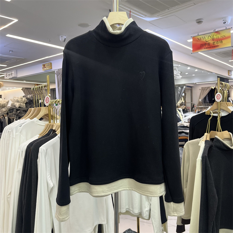 LAIKX韩系加绒黑色T恤高领长袖T恤女堆堆领打底衫百搭内搭上衣冬