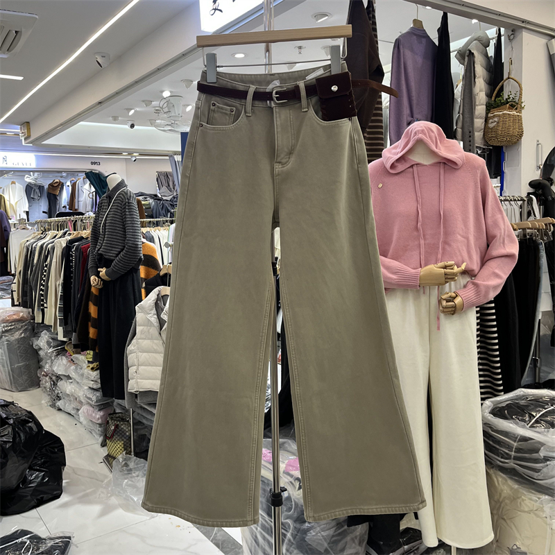 DIMO5293正版复合绒四面弹牛仔筒喇裤女宽松不贴腿喇叭长裤冬新款