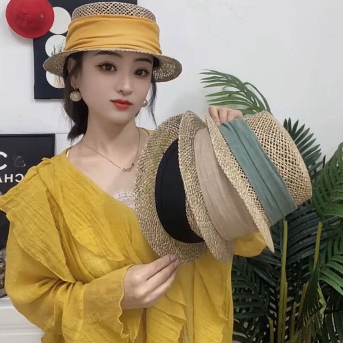 新高档女帽子法式复古英伦编织镂空礼帽防晒夏季时尚短檐平顶遮阳