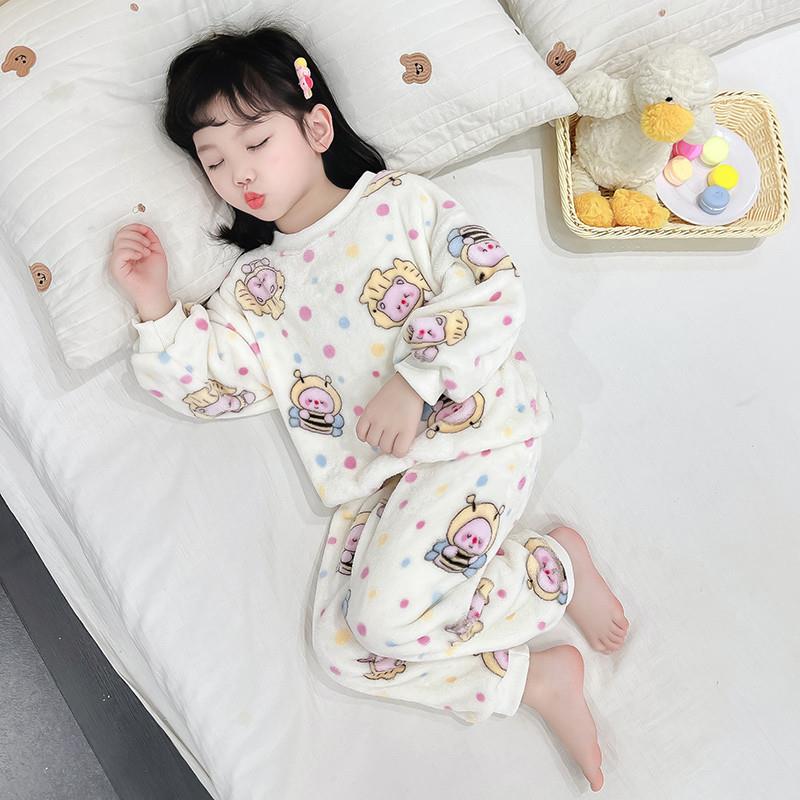 女童珊瑚绒睡衣秋冬季加绒加厚女孩小童宝宝法兰绒套装儿童家居服