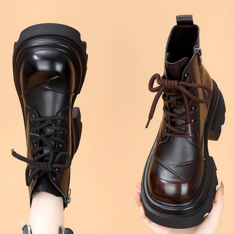 2024新英伦风格秋冬羊毛内衬真皮时尚防滑短靴适合小个子,女鞋,马丁靴,淘宝优惠券,粉丝福利购,淘宝优惠卷