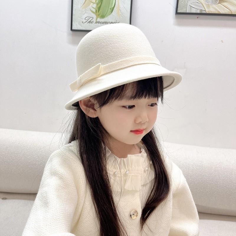 儿童小礼帽女童秋冬高端英伦赫本小香风法式中大童米白黑渔夫盆帽