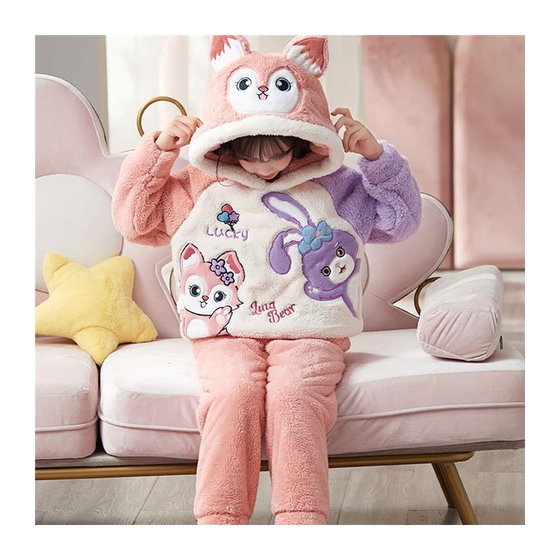 儿童珊瑚绒睡衣女童秋冬季加厚款凯蒂猫法兰绒休闲连帽家居服套装