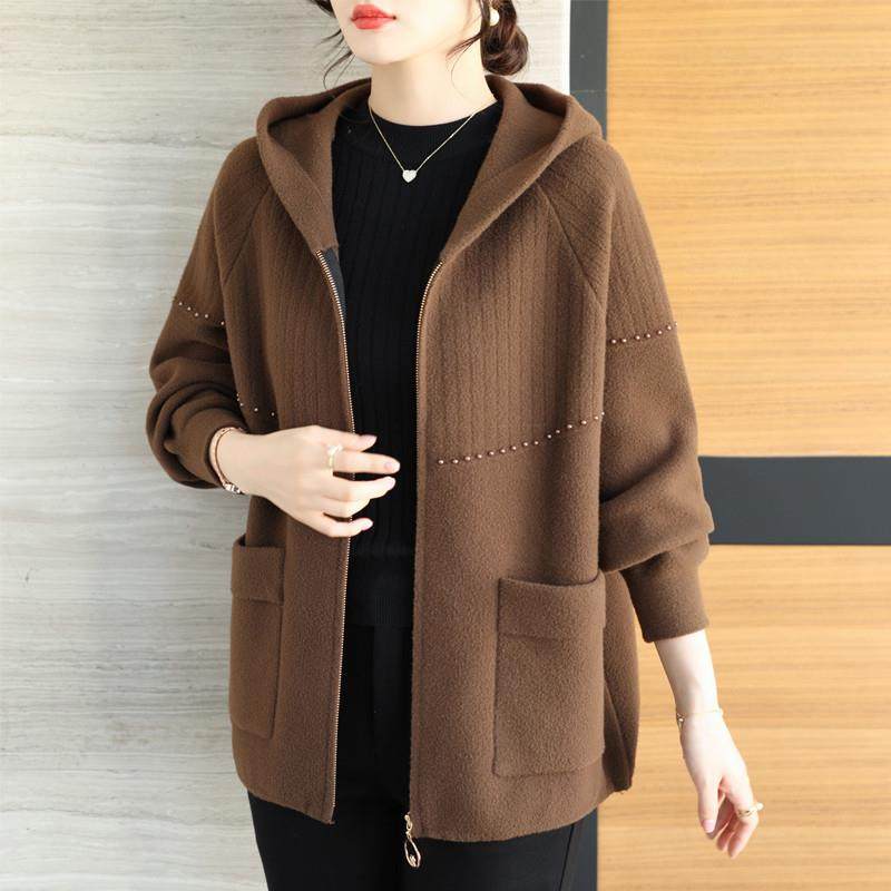 胖妈妈秋冬新款毛呢休闲外套中老年大码宽松洋气连帽拉链厚开衫女