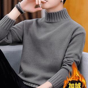 一体加绒半高领毛衣男士男款冬季加厚套头新款中年保暖打底针织衫