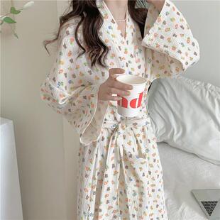 日系睡袍少女春秋新款 宽松和服ins风家居服 长袖 可爱小熊浴袍长款