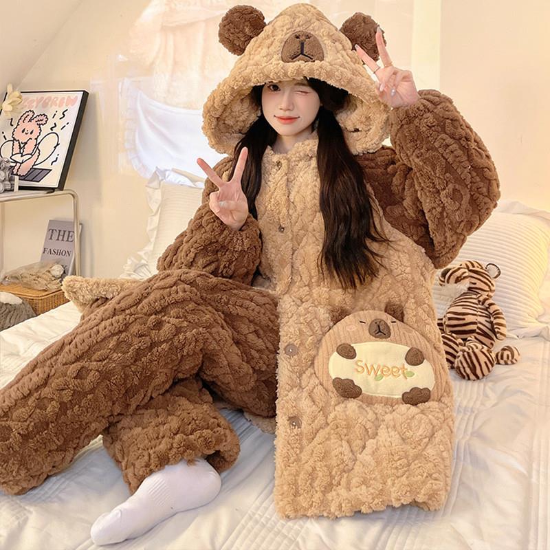 卡皮巴拉女童睡衣儿童冬季珊瑚绒厚三层夹棉大童初中生女孩家居服