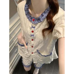 夏季 短裤 小香风睡衣女款 短袖 带胸垫可外穿韩版 花边甜美家居服套装