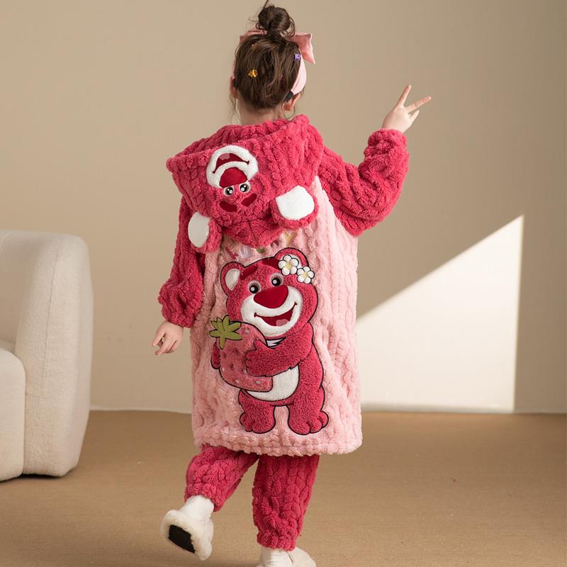 儿童睡衣女童2024秋冬季珊瑚绒睡袍长款加厚款法兰绒中大童家居服