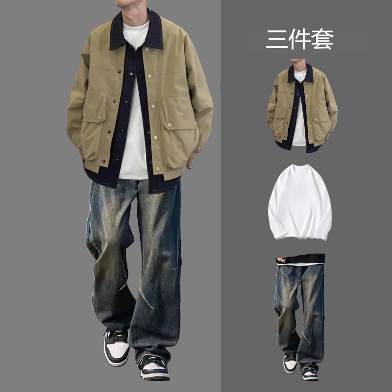 春秋季拼接牛仔假两件夹克套装休闲 ??百搭翻领外套高级感男宽松