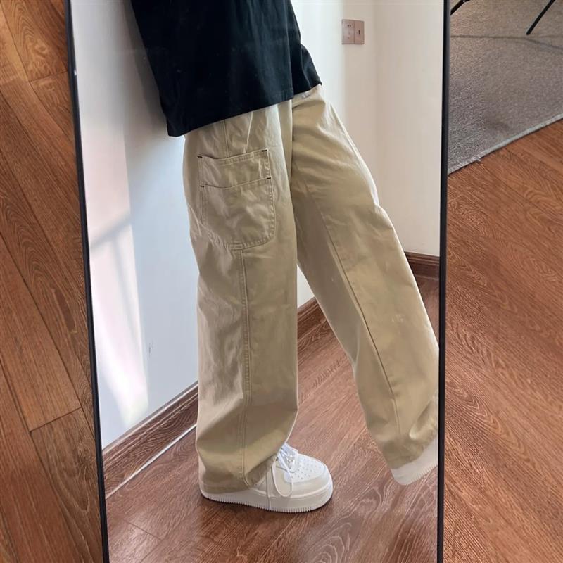 米白色工装裤男少年感穿搭直筒宽松美式覆古水洗纯棉垂感阔腿长裤