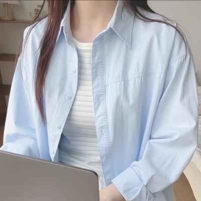 春夏季纯棉蓝色衬衫通勤穿搭2025新款女薄款长袖衬衣外套防晒上衣