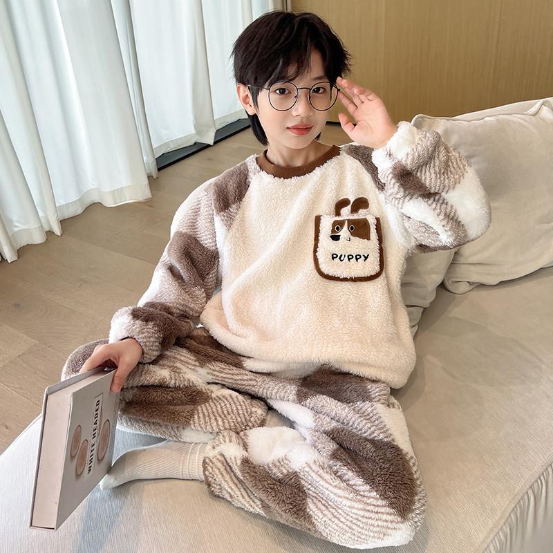 儿童装男童睡衣秋冬款家居服加绒冬季大童加厚男孩珊瑚绒法兰绒潮