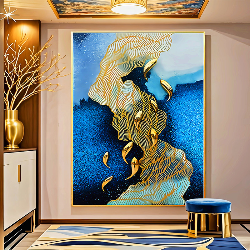 手绘九鱼图现代新中式轻奢油画入户玄关装饰画走廊过道挂画竖简约