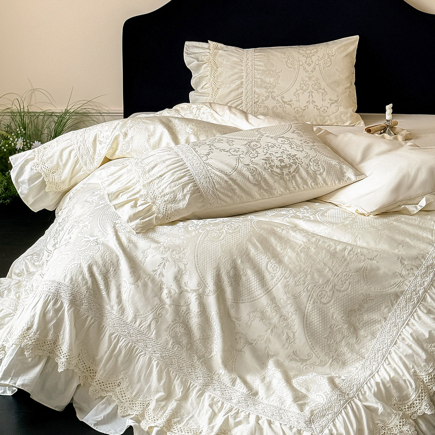 法式全棉贡缎长绒棉四件套纯棉床裙款浪漫蕾丝边提花被套床上用品