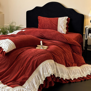 法式浪漫喜庆红色牛奶绒四件套冬季保暖床单荷叶边被套床盖式床品