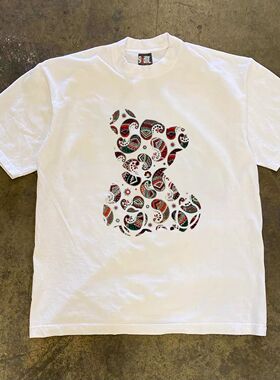 ZELIA 夏季美式潮牌拼接高端情侣男士重磅宽松圆领体恤半袖白色