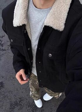 ZELIA 羊羔绒翻领加绒加厚牛仔外套男女款冬季保暖工装棉衣美式复