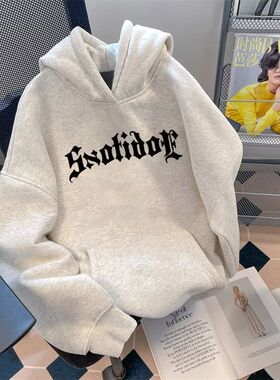 ZELIA 花灰色连帽加绒重磅卫衣男女秋冬厚款宽松oversize美式复古