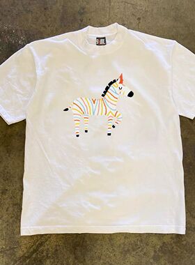 ZELIA 重磅230g白色男美式高端感潮牌斑马图案印花宽松半袖体恤上