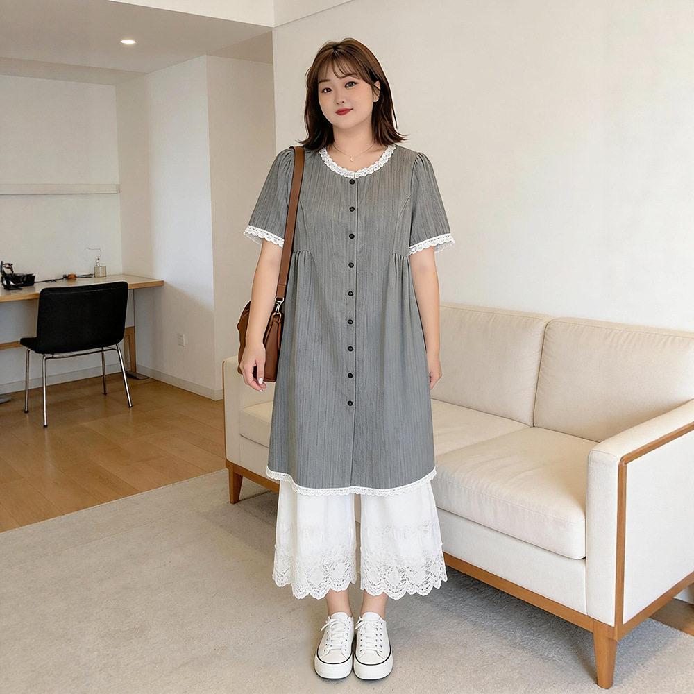 300斤大码女装连衣裙休闲长裤夏季微胖mm叠穿舒适两件套装