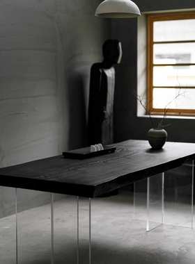 碳化黑色实木餐桌简约原木办公桌工作台亚克力大板泡茶桌子极简