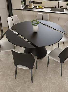 黑色旋转伸缩意式餐桌轻奢小户型方圆两用圆桌现代家用简约餐桌椅