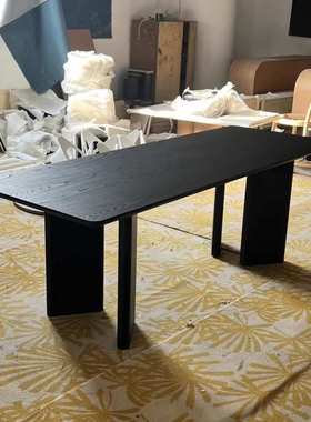 实木长方形黑色餐桌简约设计办公桌书桌原木大板会议桌创意工作台