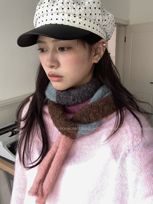 Carbon Water复古自制拼色羊毛混纺腊肠针织女早秋凹造型细窄围巾